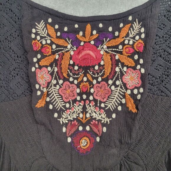 Free People Black Floral Embroidered Mini Dress Boho Festival Gypsy Mohave Small - Picture 3 of 10